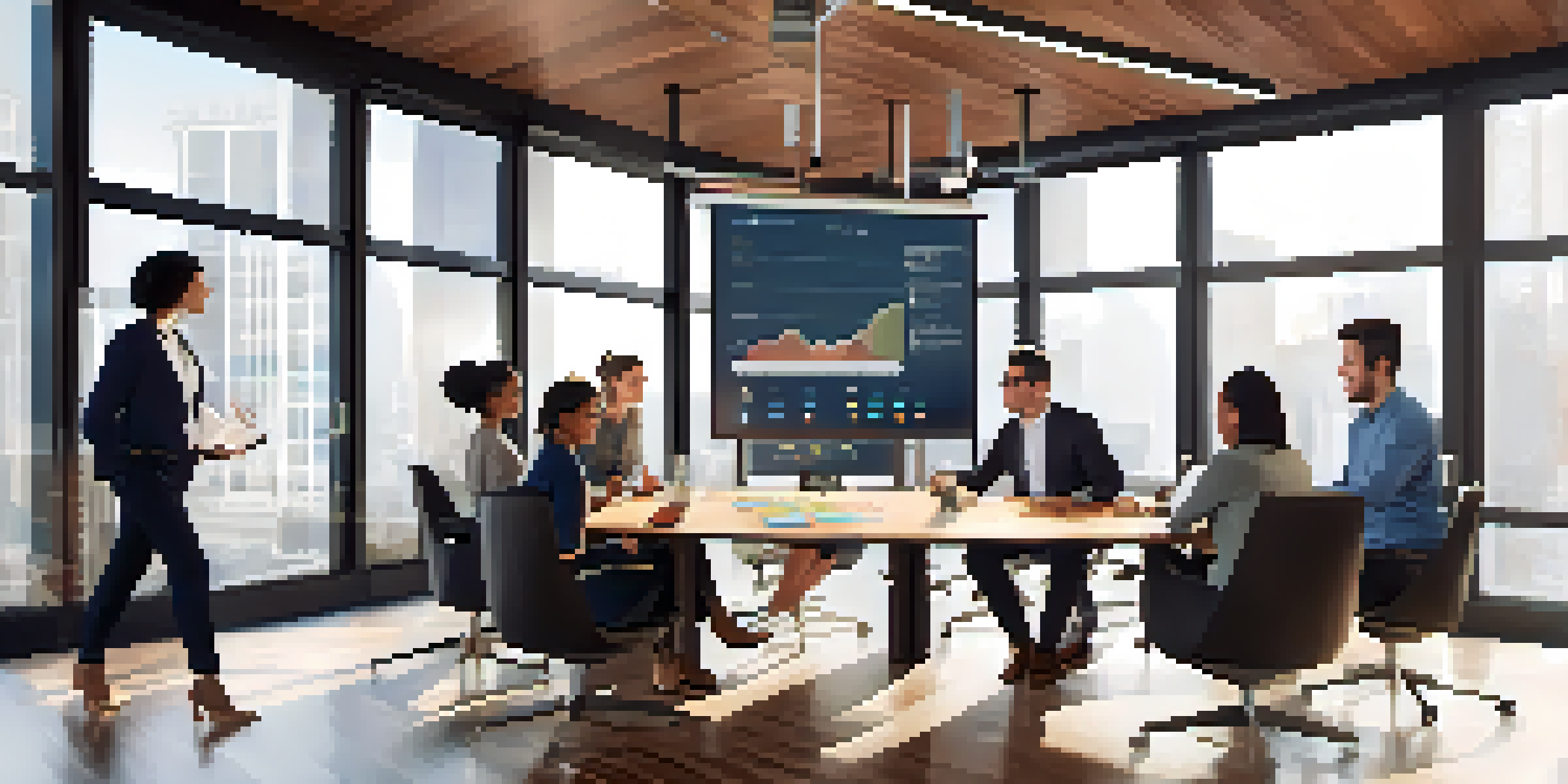 A diverse group of professionals collaborating in a bright, modern conference room, surrounded by charts and graphs, illustrating teamwork and inclusivity.