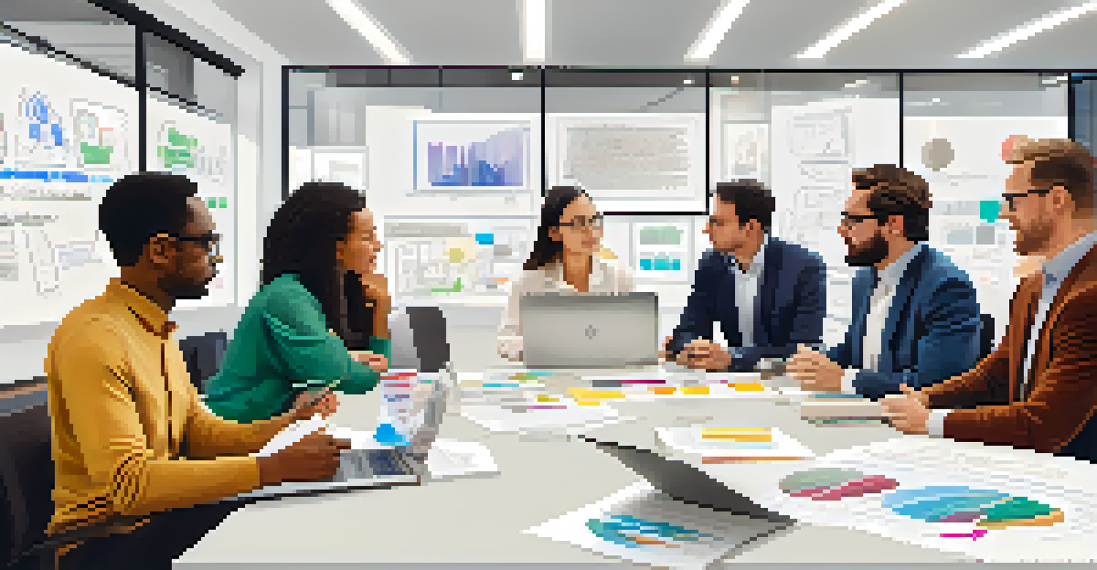 A diverse group of professionals in a bright meeting room, discussing ideas around a table filled with laptops and documents.