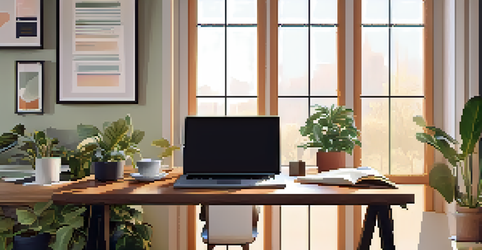 A cozy and bright office space filled with plants and a desk with a laptop and coffee, exuding a calm and productive atmosphere.