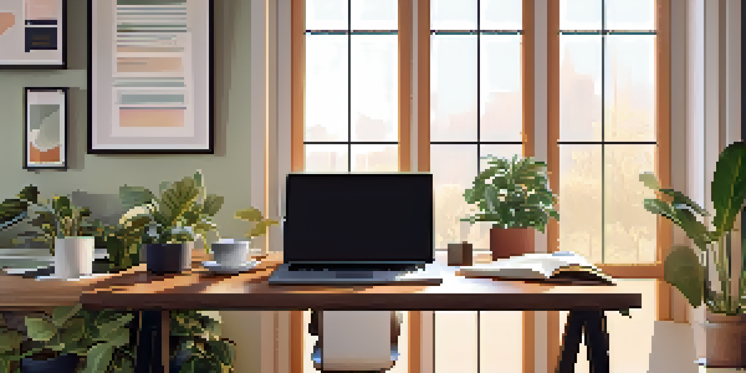 A cozy and bright office space filled with plants and a desk with a laptop and coffee, exuding a calm and productive atmosphere.