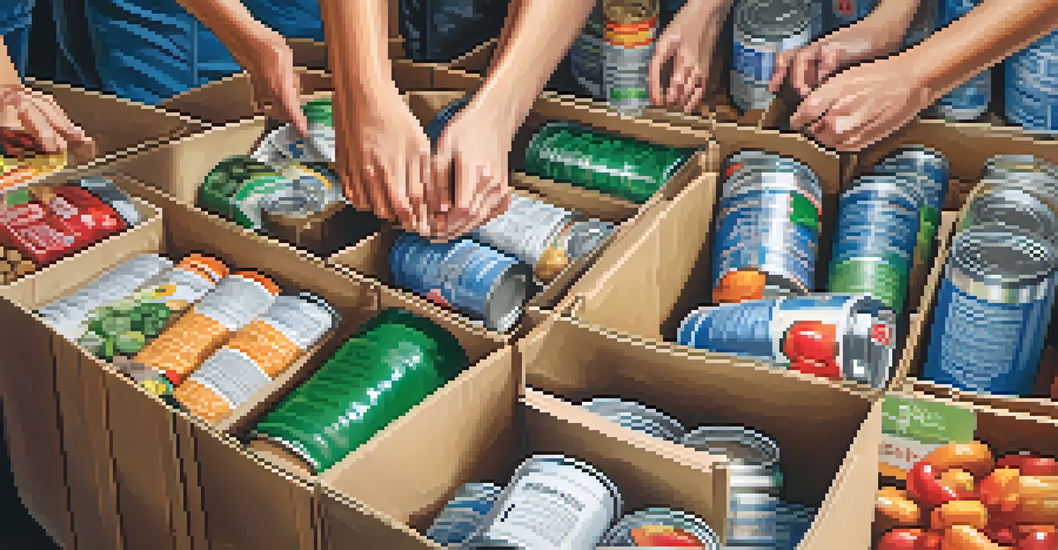 Close-up of hands sorting donations at a food bank, with boxes of canned goods and fresh produce, emphasizing community support.