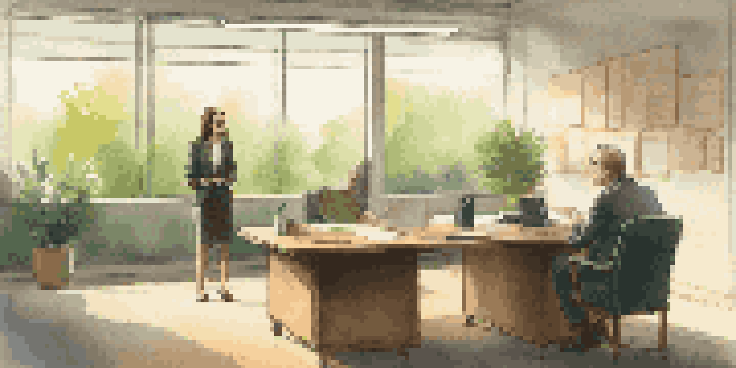 A middle-aged woman in an office setting engages in a conversation with a young man, both appearing attentive and connected.