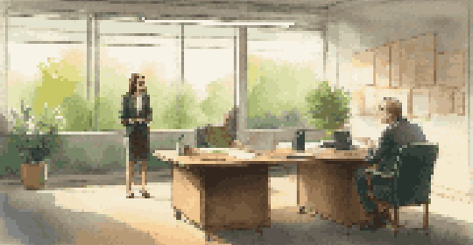 A middle-aged woman in an office setting engages in a conversation with a young man, both appearing attentive and connected.