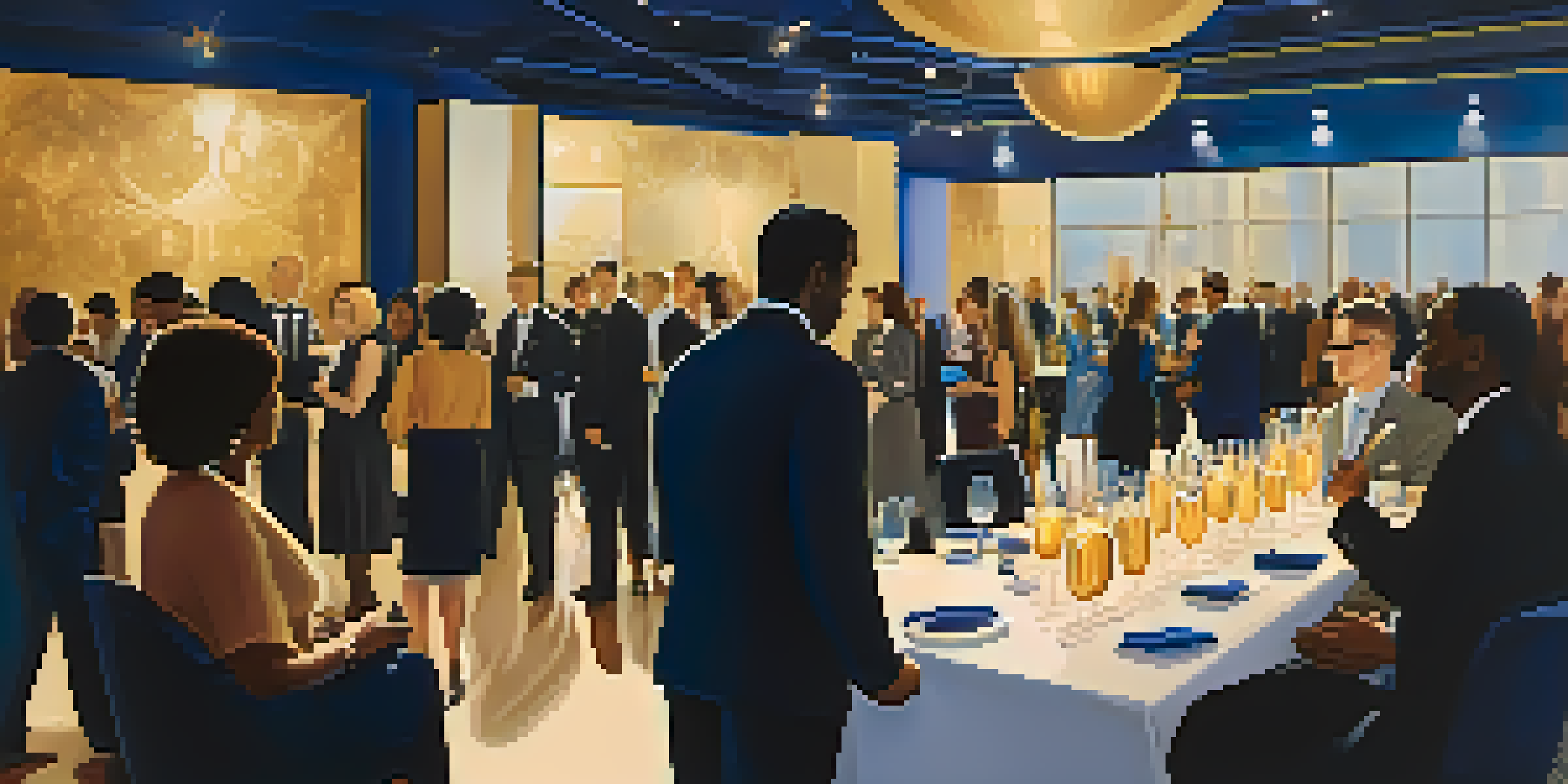 A diverse group of professionals talking at a networking event in a stylish venue, with warm lighting and refreshments in the background.