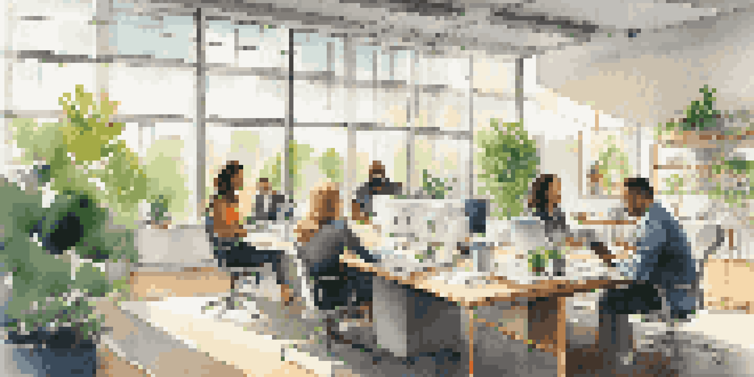 A diverse group of professionals collaborating in a modern office space, surrounded by natural light and greenery.