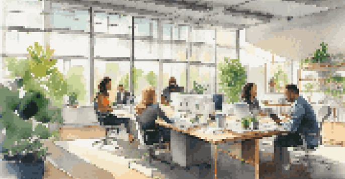 A diverse group of professionals collaborating in a modern office space, surrounded by natural light and greenery.