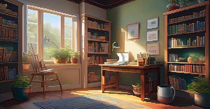 A cozy study area with books, a cup of tea, and a plant, illuminated by soft sunlight.