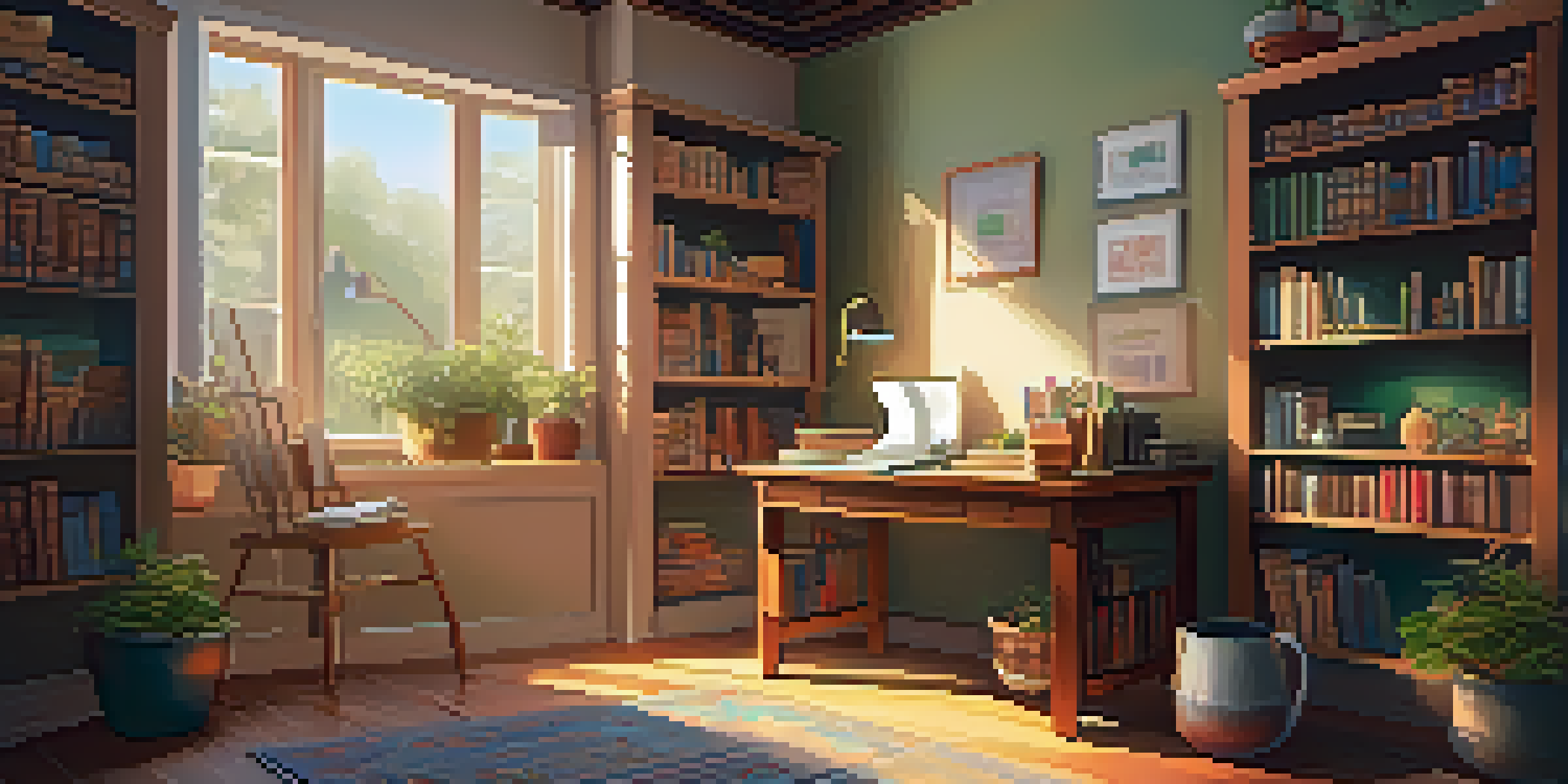 A cozy study area with books, a cup of tea, and a plant, illuminated by soft sunlight.