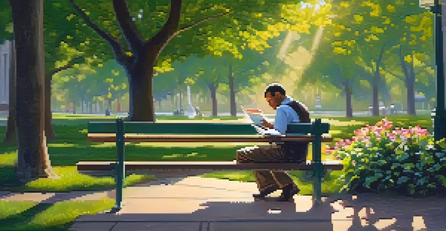 An employee relaxing on a bench in a park, reading a book and enjoying a coffee surrounded by flowers and trees.