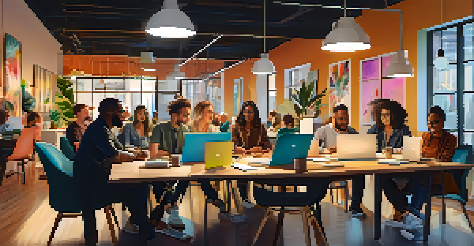 A collaborative scene of diverse freelancers working together in a stylish coworking space, surrounded by laptops and creative decor.