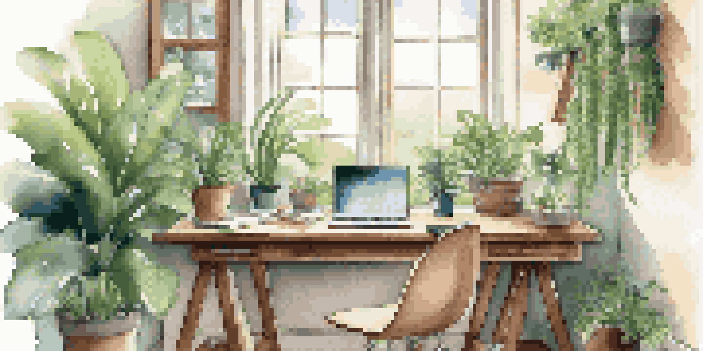 A cozy workspace with a wooden desk, a laptop, and green plants, illuminated by natural light from a window.