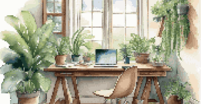 A cozy workspace with a wooden desk, a laptop, and green plants, illuminated by natural light from a window.