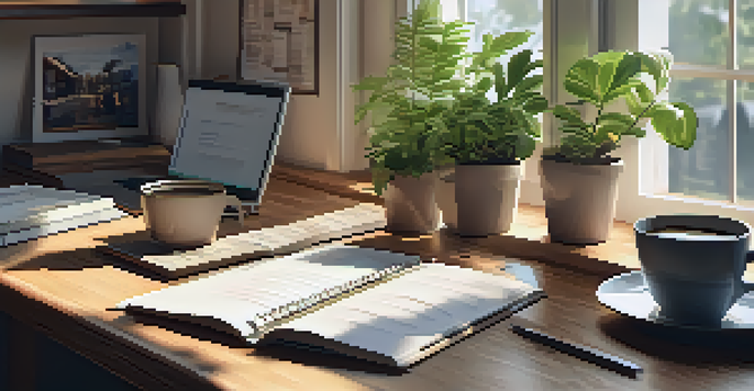 A bright and organized workspace with a laptop, notebook, and coffee cup, illuminated by sunlight from a window.