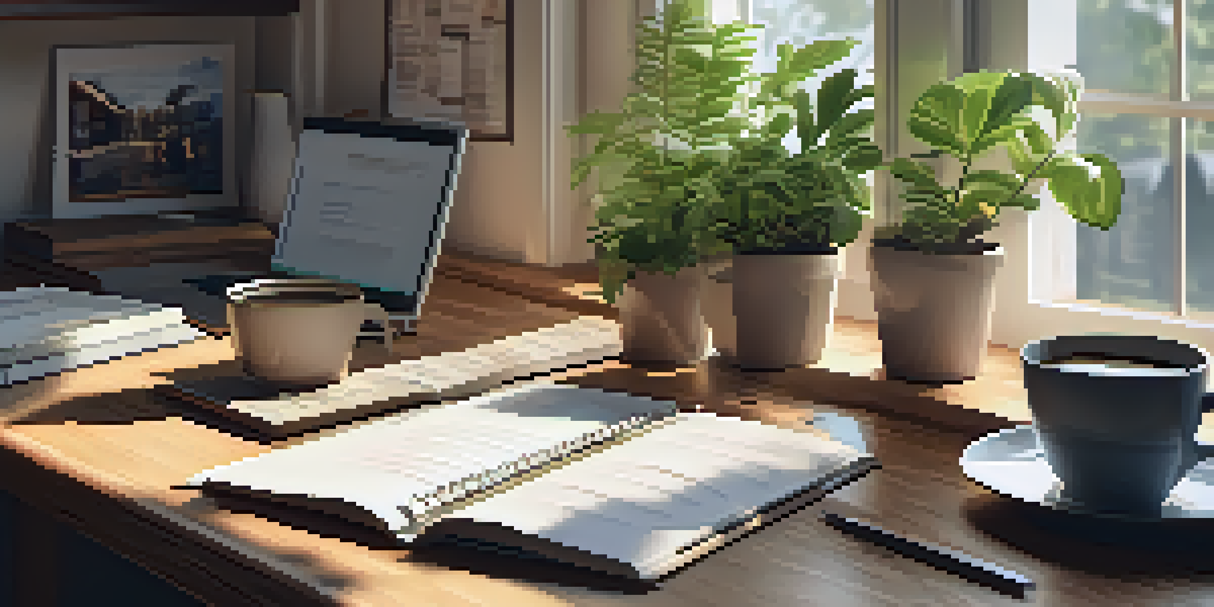 A bright and organized workspace with a laptop, notebook, and coffee cup, illuminated by sunlight from a window.