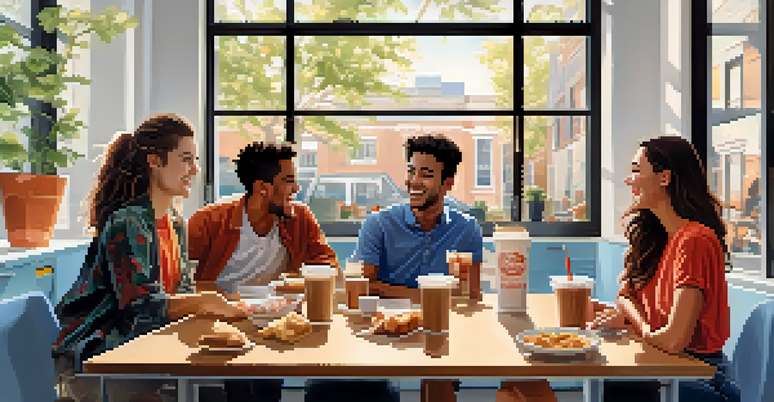 A group of interns having a coffee break in an office kitchen, laughing and engaging with each other.