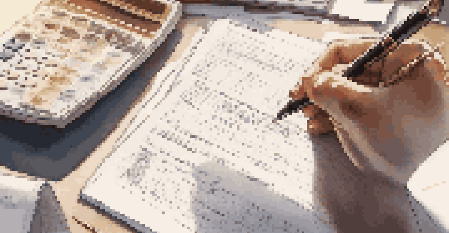 Close-up of hands reviewing an insurance policy document on a desk with a calculator and coffee mug.