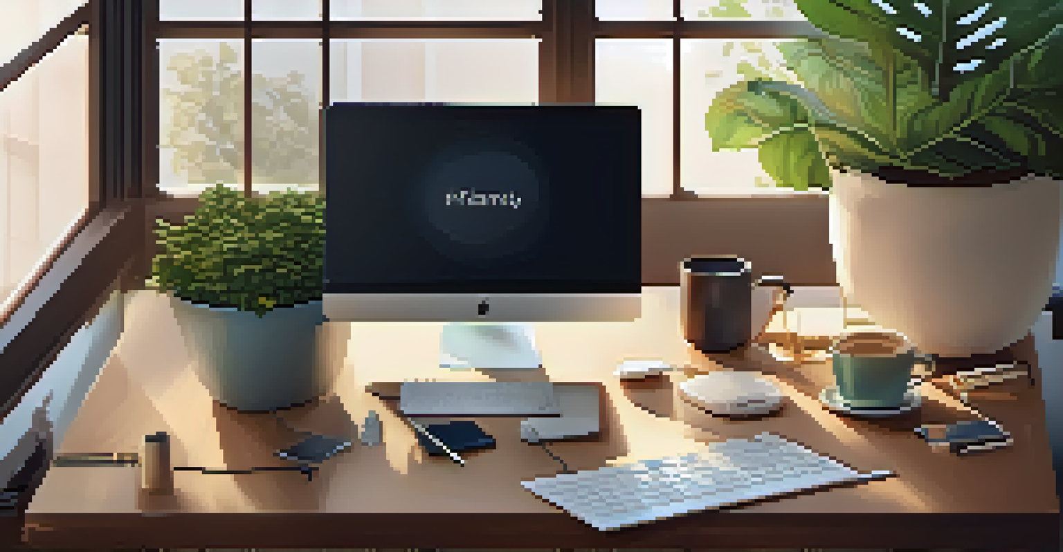 A cozy remote work setup with a laptop, coffee, and personal items, emphasizing a work-life balance environment.