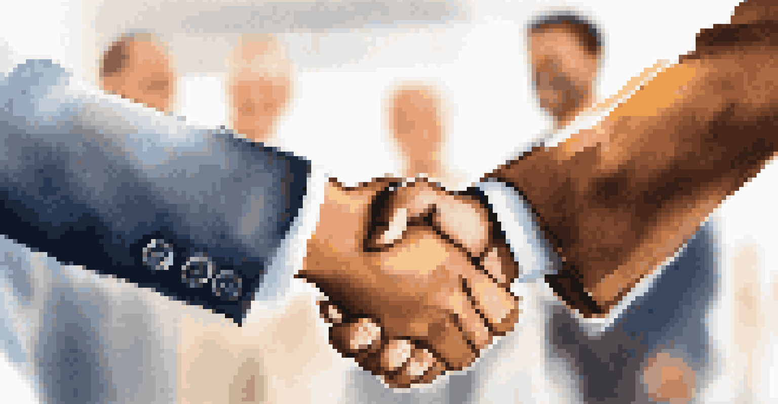 Two professionals smiling and shaking hands at a networking event, representing connection and opportunity.