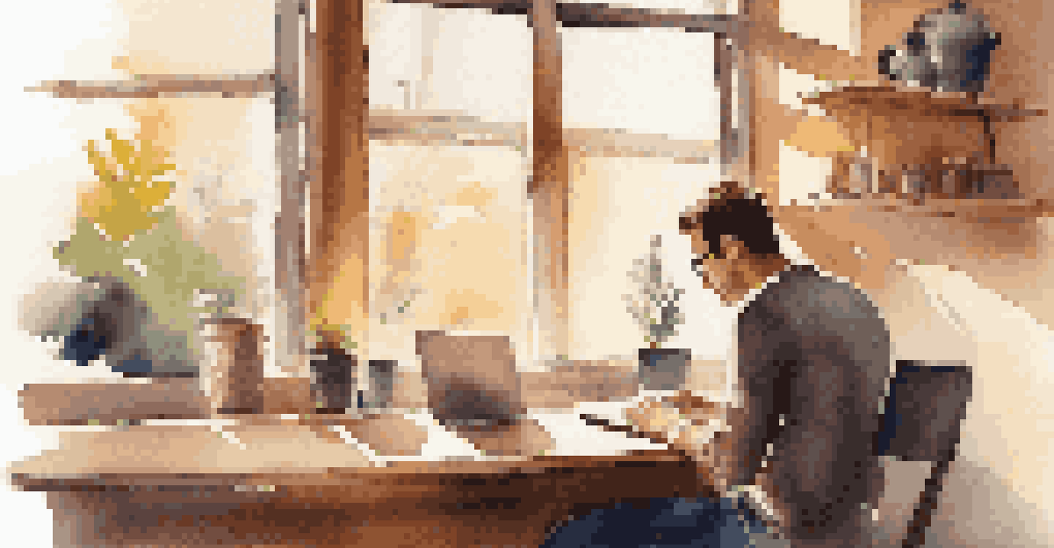 A young professional working on a laptop at a coffee shop, with a notebook, coffee cup, and warm sunlight filtering through the window.