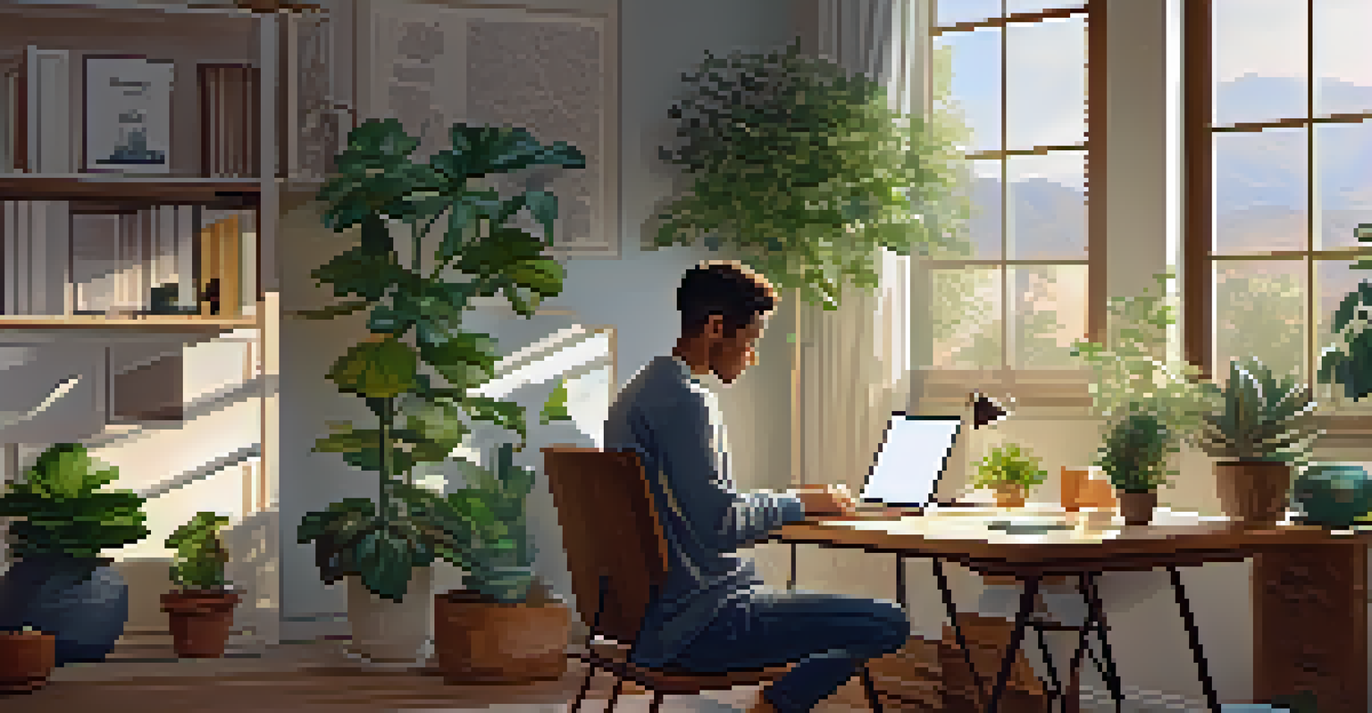 A cozy home office where a person is networking online through a laptop, surrounded by plants and books.