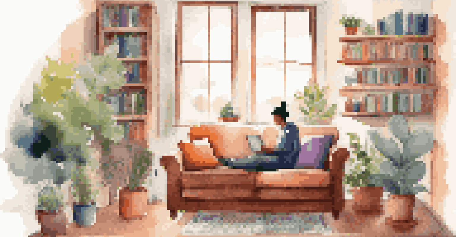 A person learning on a tablet in a cozy living room filled with cushions and books.