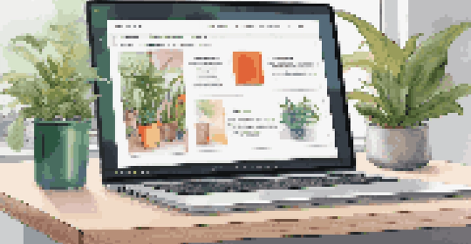 A modern workspace with a laptop showing a digital portfolio, featuring colorful images and descriptions, with plants and natural light in the background.