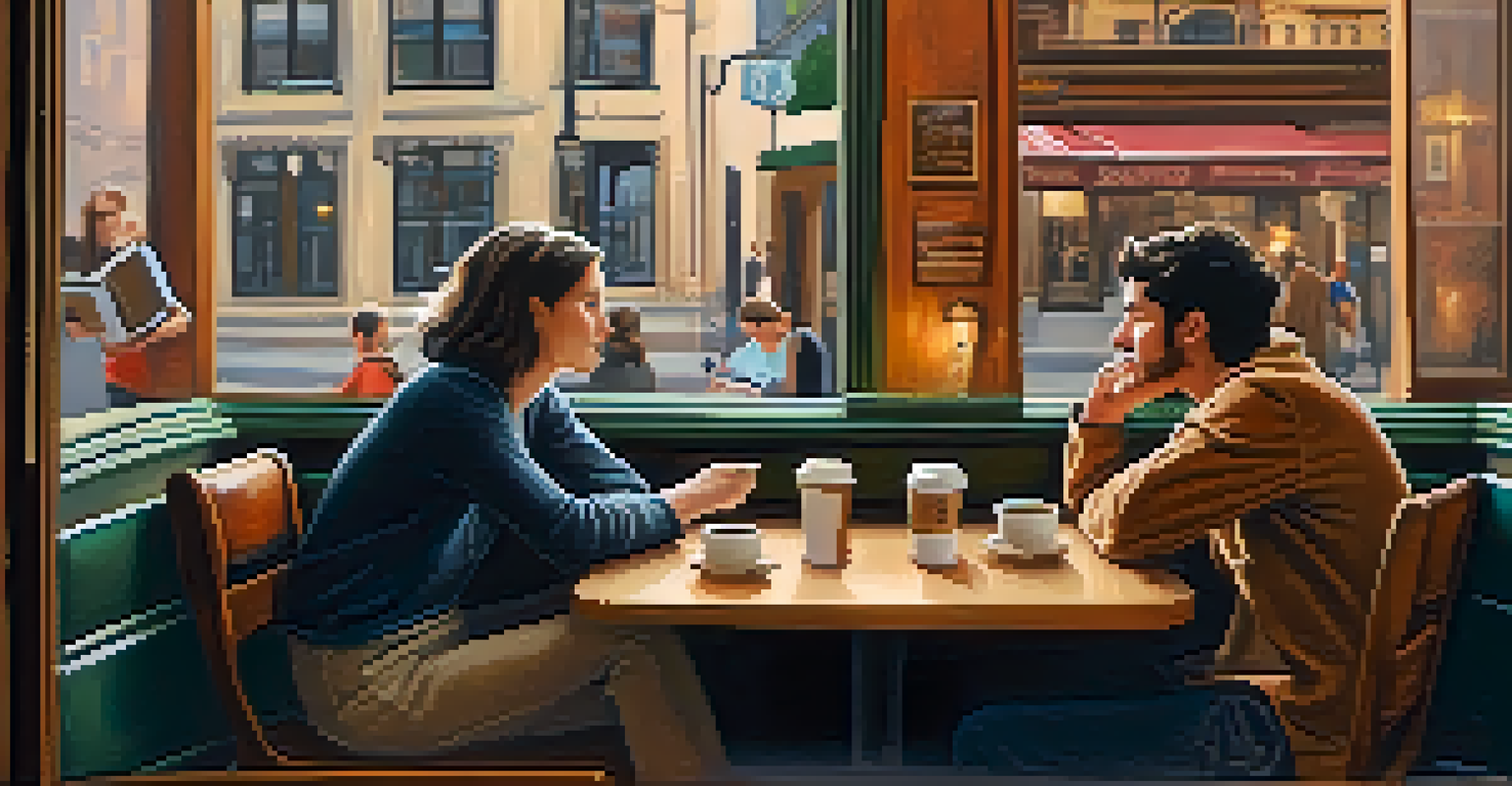 Two individuals having a meaningful discussion in a cozy coffee shop, with coffee cups and a warm ambiance.