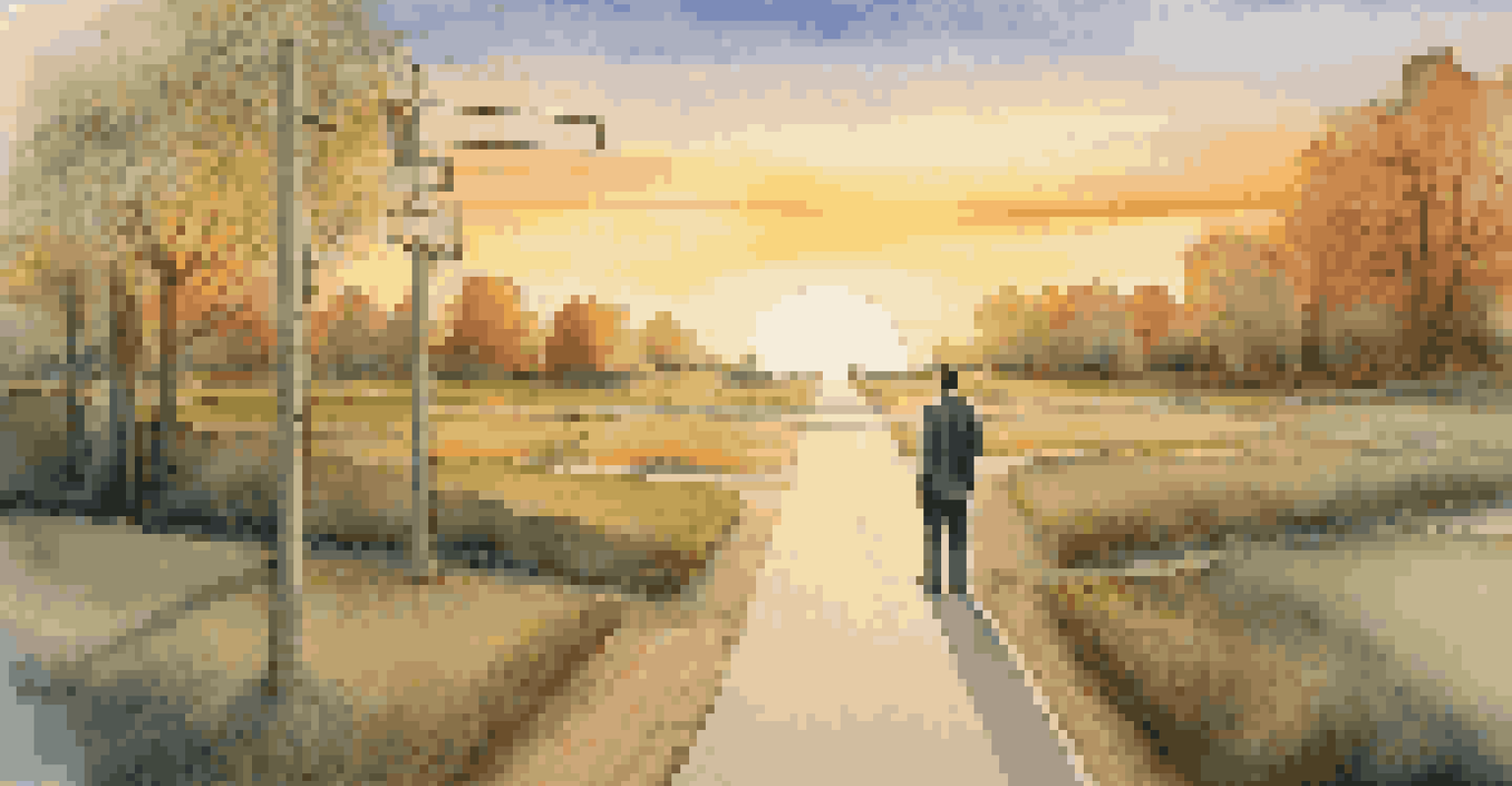 A person at a crossroads choosing between a traditional office and a creative outdoor space, illuminated by sunset.