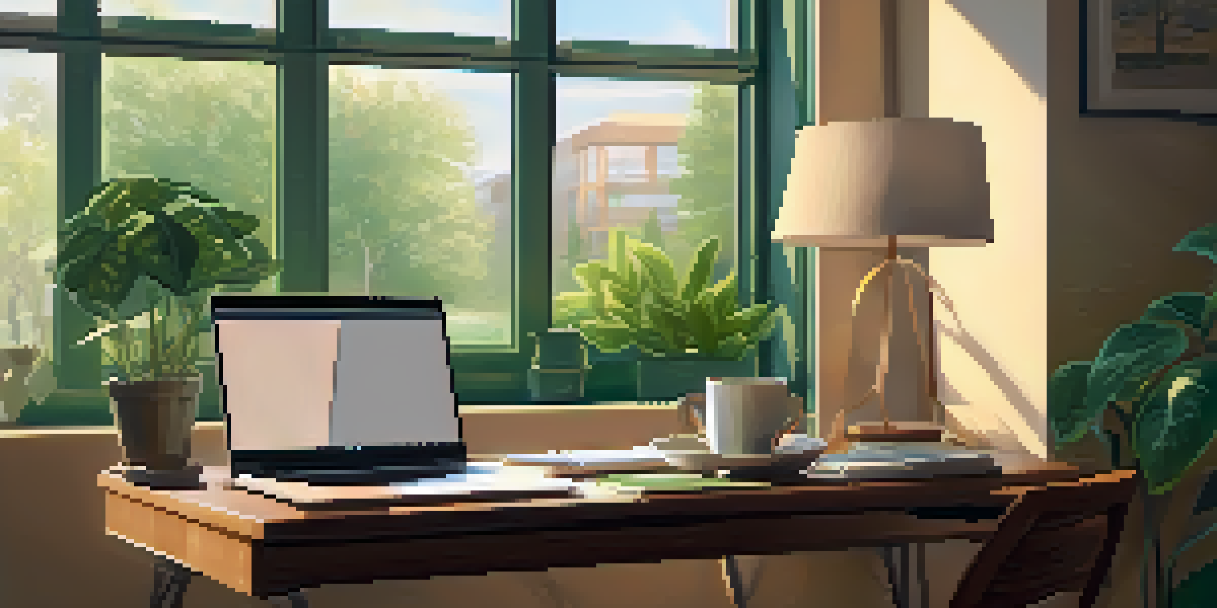 A bright and organized office space with a view of greenery outside the window, featuring a laptop and a coffee cup on the desk.