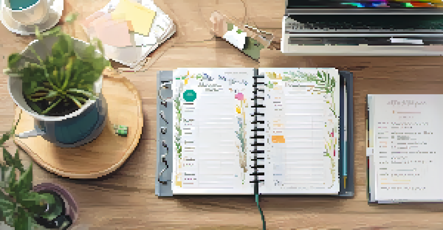 An open planner with goal-setting notes beside a cup of tea and a laptop, set in a warm and inviting workspace.