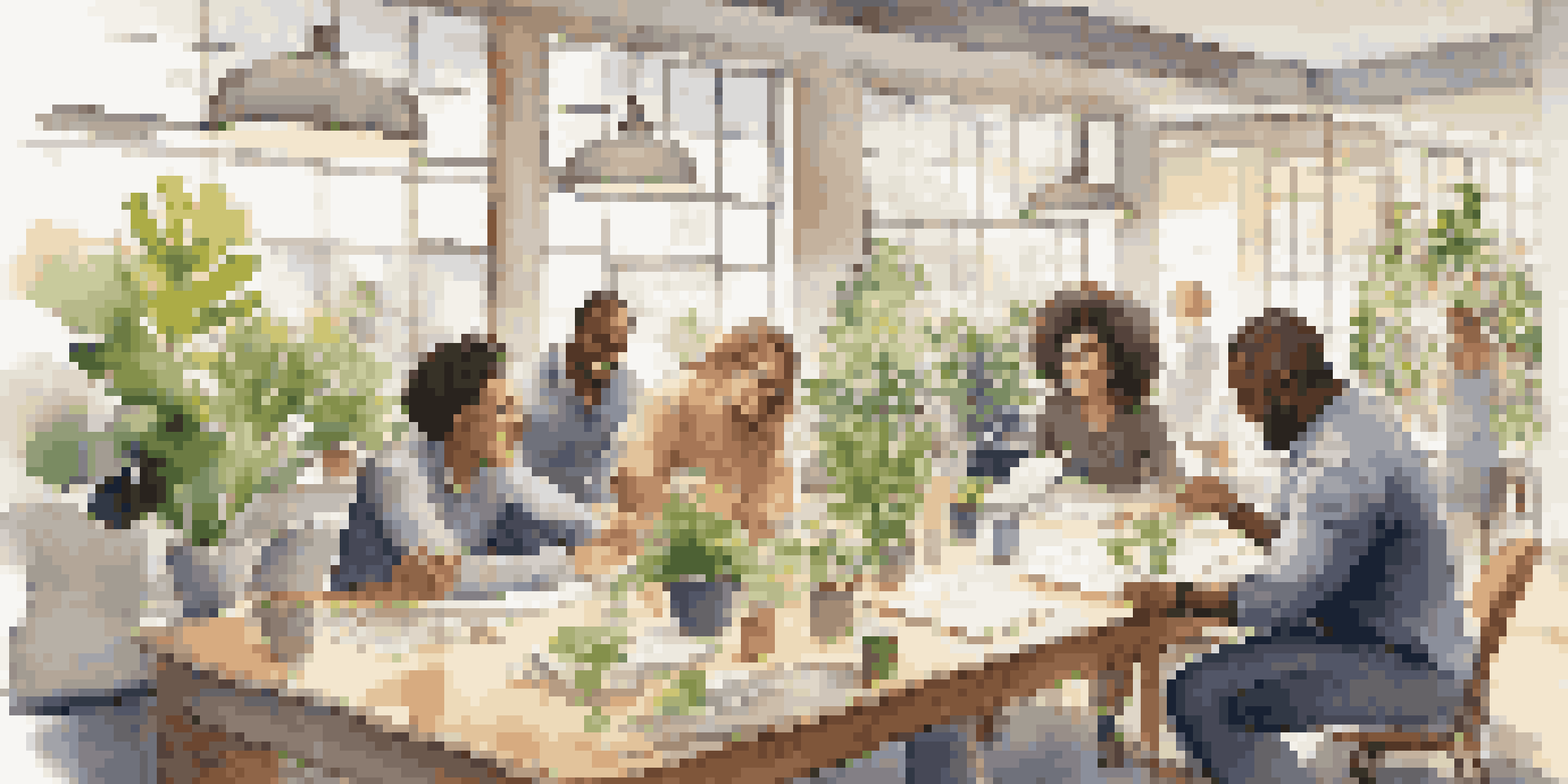 A diverse group of employees smiling and collaborating in a bright office space, surrounded by plants and natural light.