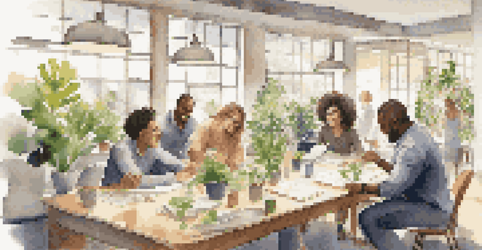 A diverse group of employees smiling and collaborating in a bright office space, surrounded by plants and natural light.