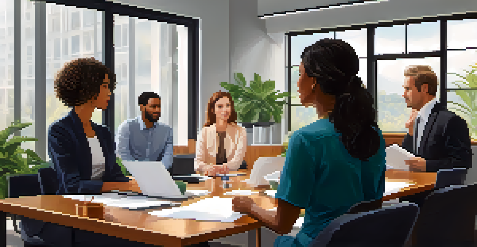 A diverse team of professionals in an office meeting, with a woman speaking confidently while others listen, surrounded by plants and natural light.