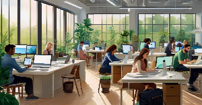 A bright modern office with diverse individuals using digital devices for learning.