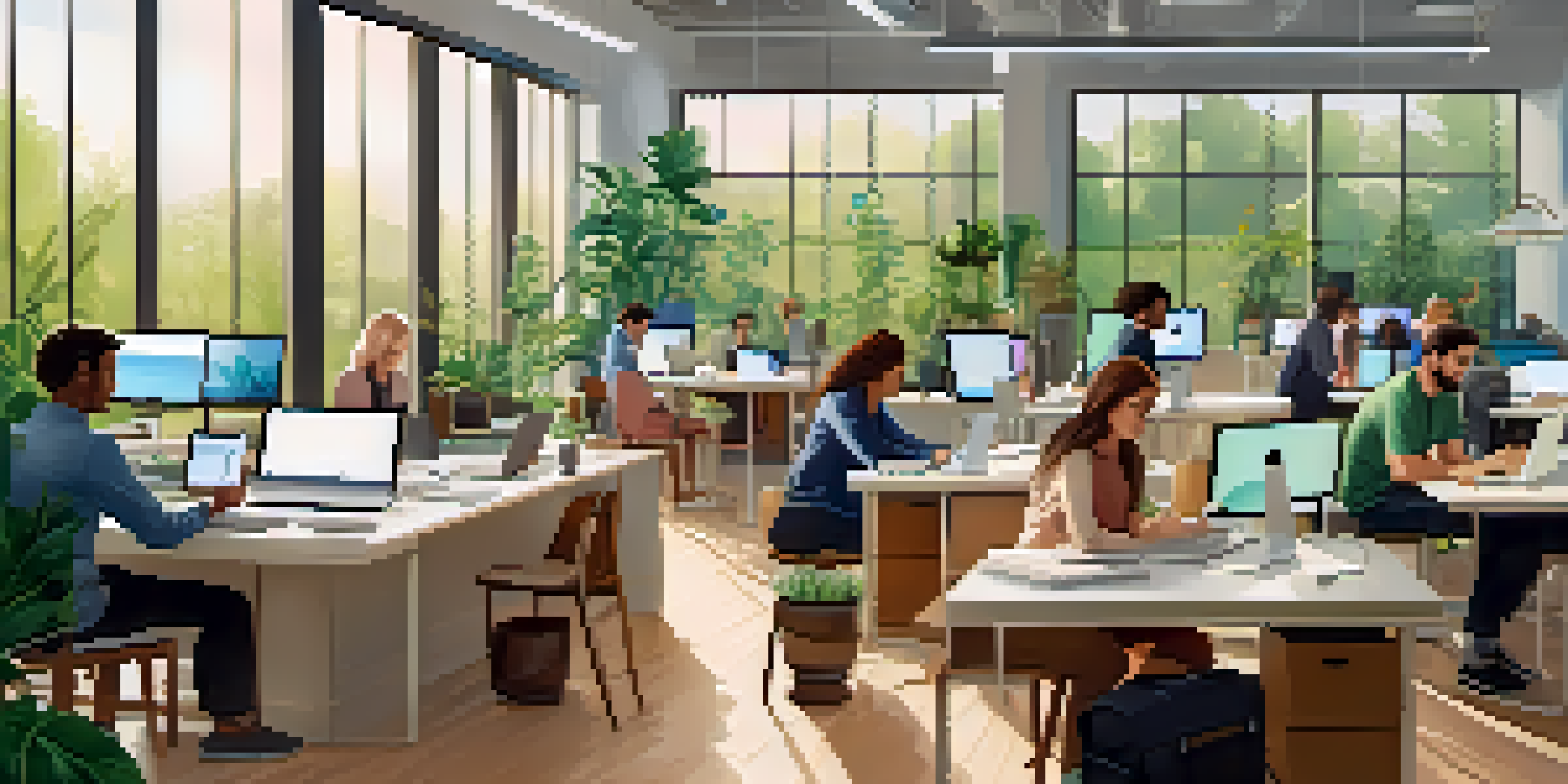 A bright modern office with diverse individuals using digital devices for learning.