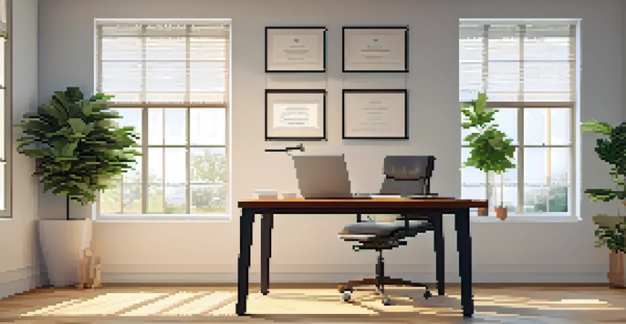 A calm office setting featuring a wooden desk with a laptop displaying a cover letter, alongside a greenery plant, illuminated by soft natural light.