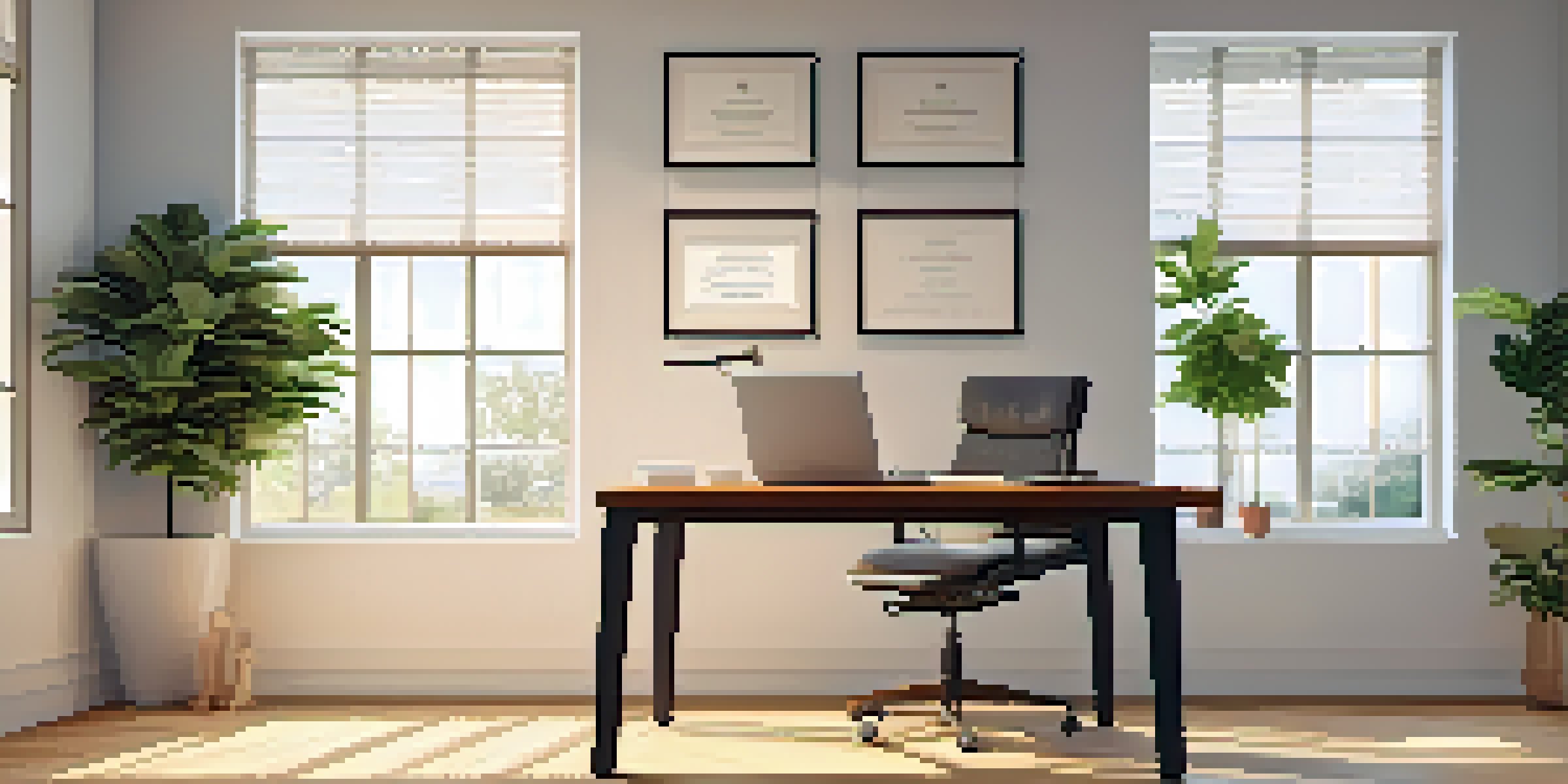 A calm office setting featuring a wooden desk with a laptop displaying a cover letter, alongside a greenery plant, illuminated by soft natural light.