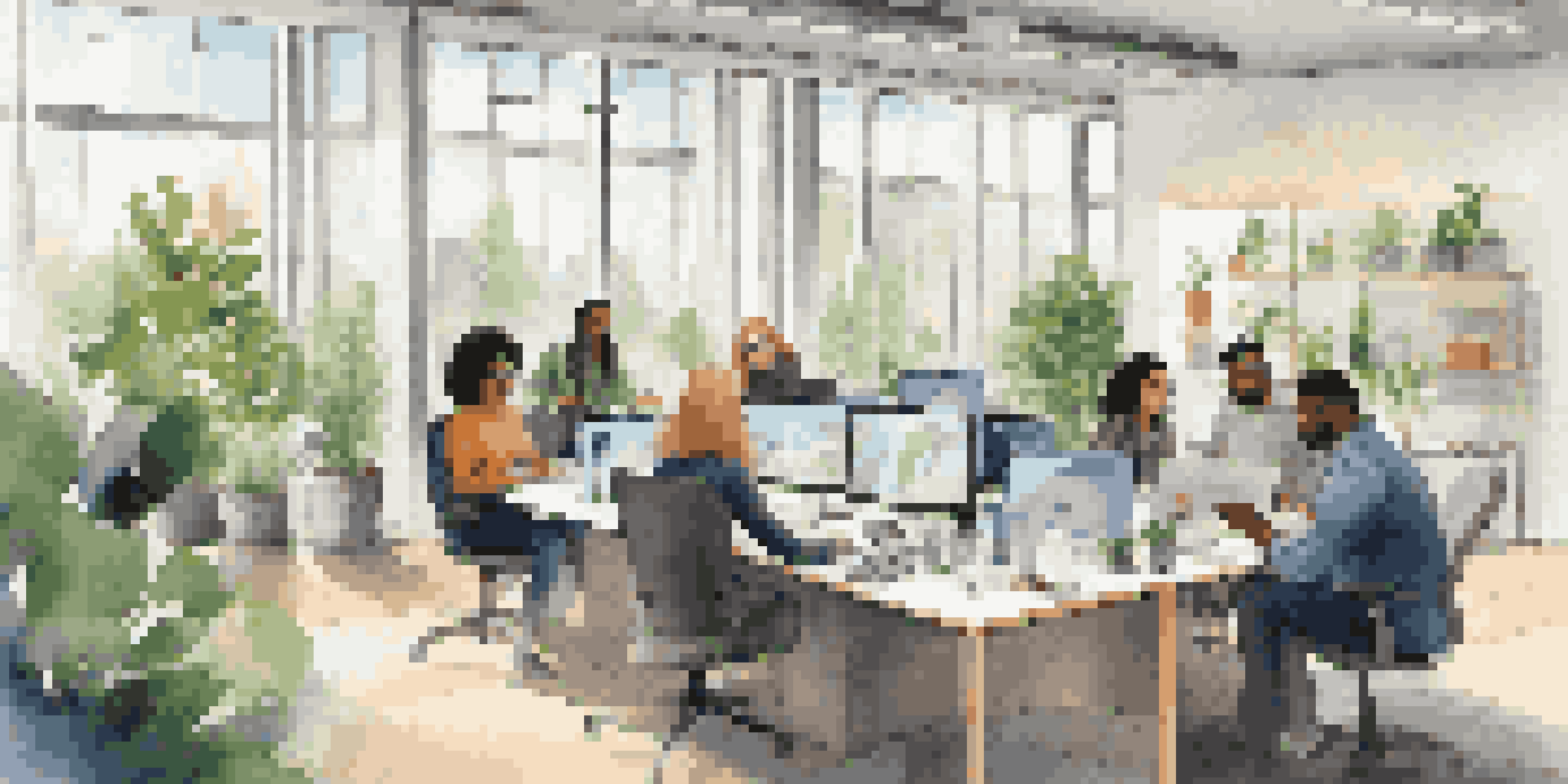 A diverse group of professionals collaborating in a modern office space with large windows and greenery, emphasizing teamwork and inclusivity.