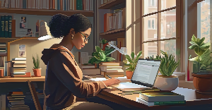 A professional woman studying at her desk with books and a laptop, bathed in warm light from a window, surrounded by plants and motivational quotes.
