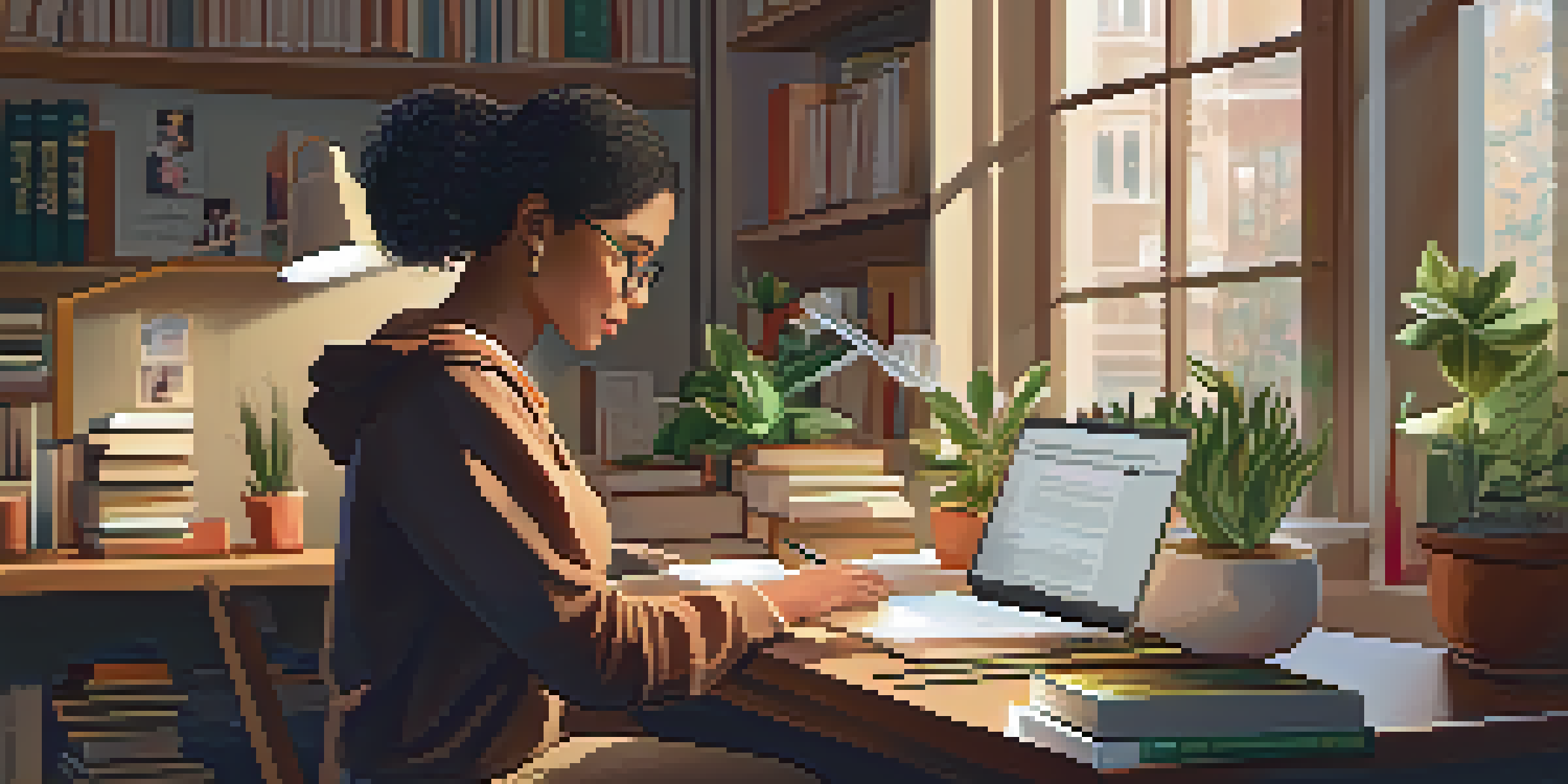 A professional woman studying at her desk with books and a laptop, bathed in warm light from a window, surrounded by plants and motivational quotes.