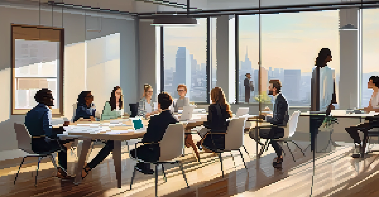 A diverse group of professionals collaborating in a conference room, discussing ideas over laptops and documents.