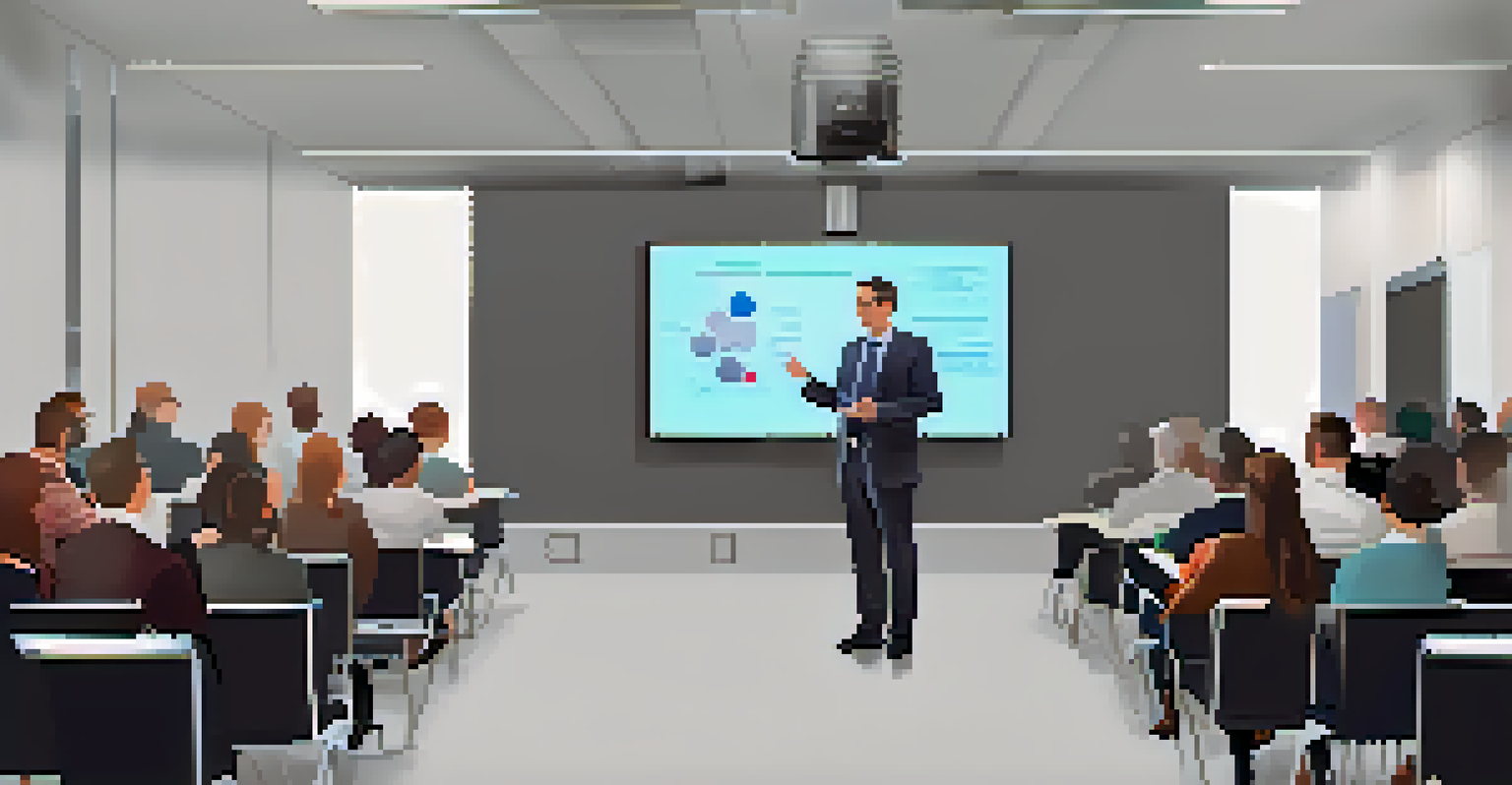 An instructor presenting to a group of professionals in a modern corporate training session, highlighting engagement and learning.