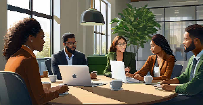 A diverse group of professionals in a meeting, collaborating and discussing ideas around a round table in a modern office setting.