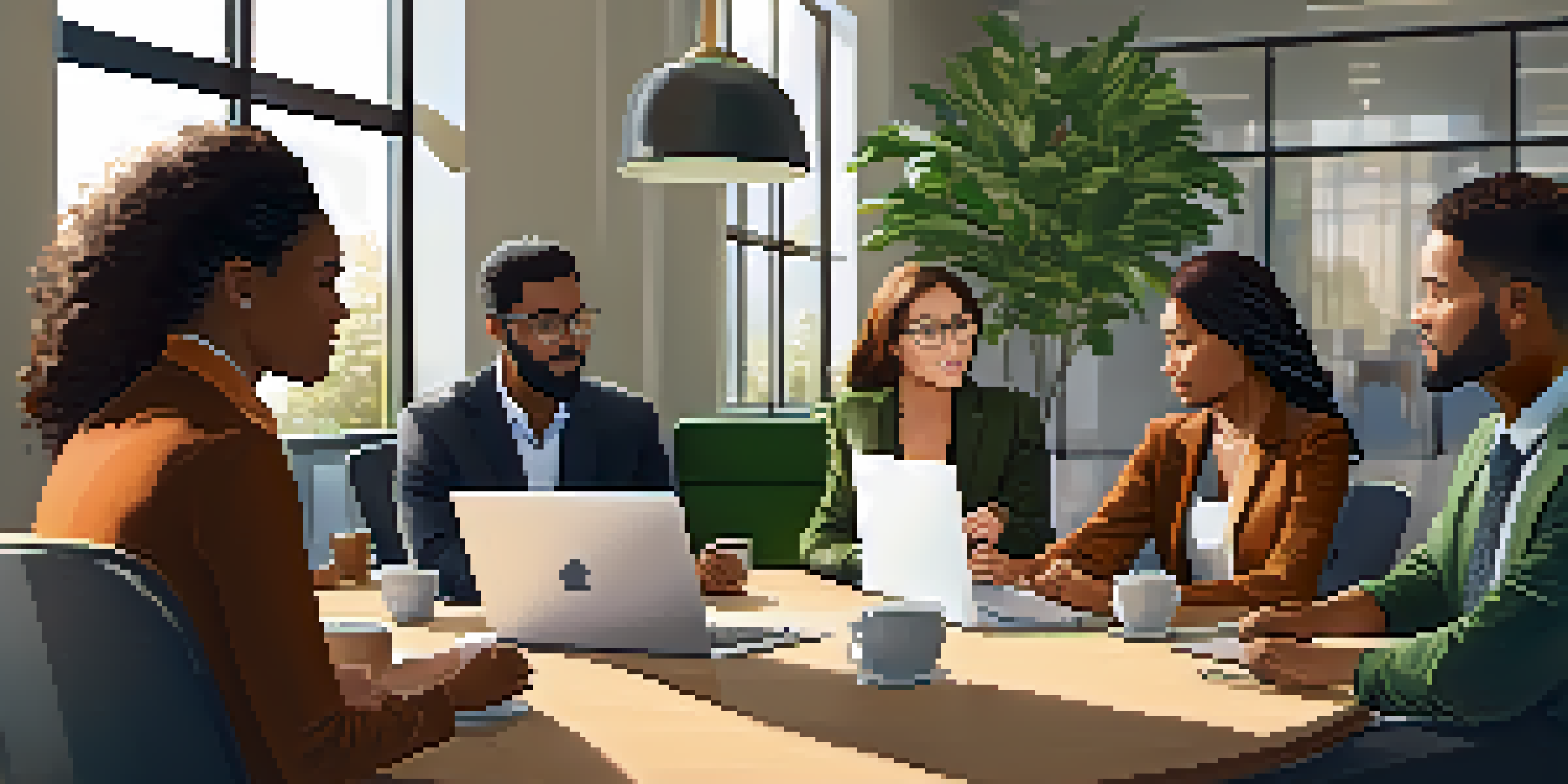 A diverse group of professionals in a meeting, collaborating and discussing ideas around a round table in a modern office setting.