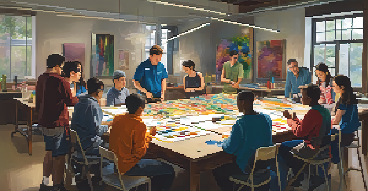 An instructor guiding a workshop with participants collaborating over a project, showcasing excitement and engagement in a bright environment.
