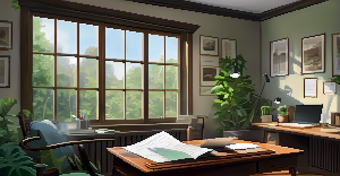 A cozy home office with a wooden desk, laptop, notepad, and a cup of coffee, with a view of a green garden outside.