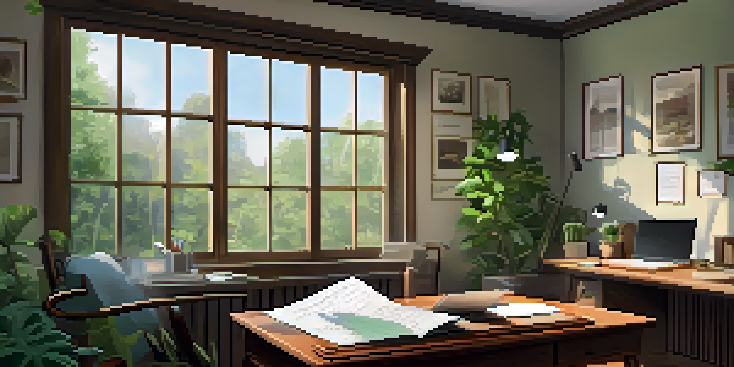 A cozy home office with a wooden desk, laptop, notepad, and a cup of coffee, with a view of a green garden outside.