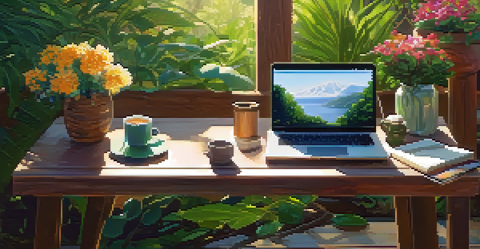 An outdoor workspace with a wooden desk, laptop, coffee cup, and notepad surrounded by greenery and flowers, with sunlight filtering through the leaves.