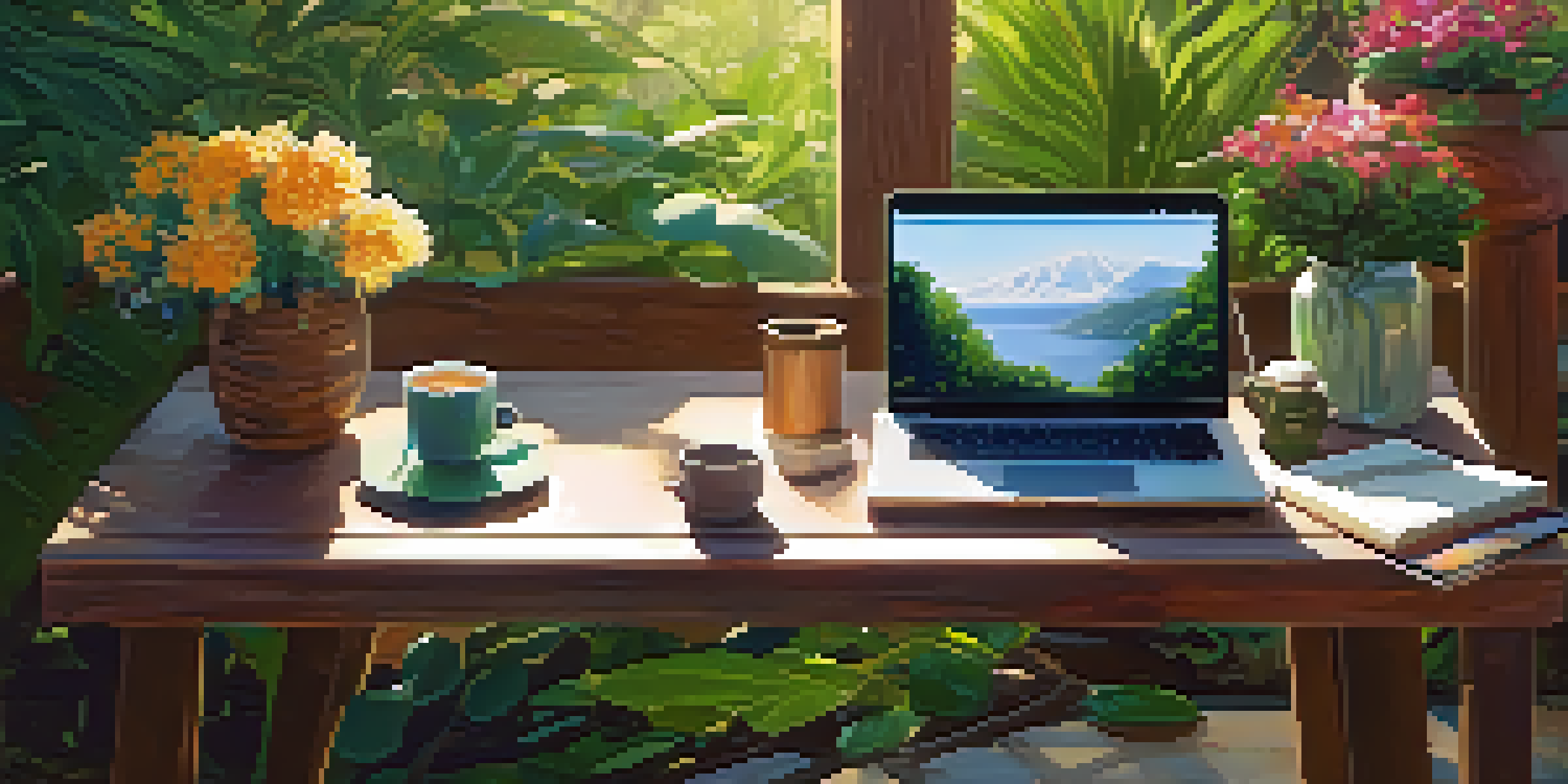 An outdoor workspace with a wooden desk, laptop, coffee cup, and notepad surrounded by greenery and flowers, with sunlight filtering through the leaves.