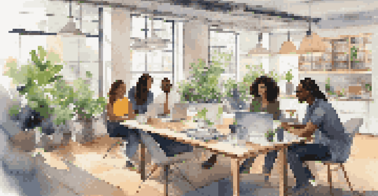 A diverse team of professionals collaborating in a bright open workspace, engaging in discussion with laptops and digital devices.